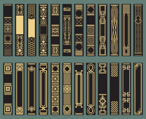 Extensive collection of Book spine design template. Retro Old frames. Art Deco Brochure design. Geometric pattern.