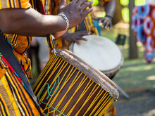 African Man's Hands Playing The African Drum. Musical Culture.