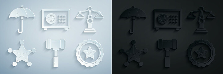 Poster - Set Judge gavel, Scales of justice, Hexagram sheriff, Police badge, Safe and Umbrella icon. Vector