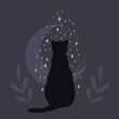 Czarny kot przynoszący szczęście patrzący na spadające gwiazdy. Sylwetka mistycznego kota na tle półksiężyca. Romantyczna gotycka ilustracja wektorowa.
