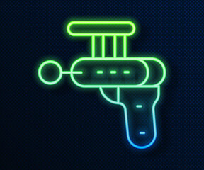 Poster - Glowing neon line Ray gun icon isolated on blue background. Laser weapon. Space blaster. Vector