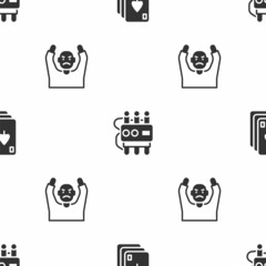 Poster - Set Playing cards, Dynamite and timer clock and Thief surrendering hands up on seamless pattern. Vector