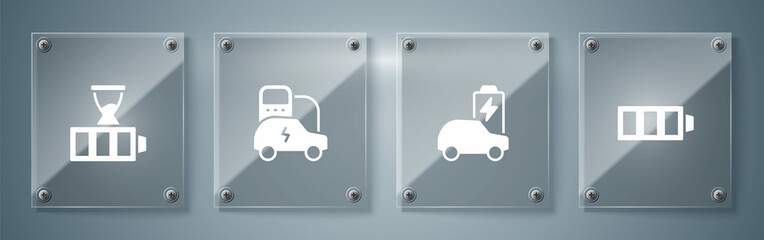 Sticker - Set Battery charge, Electric car, and . Square glass panels. Vector