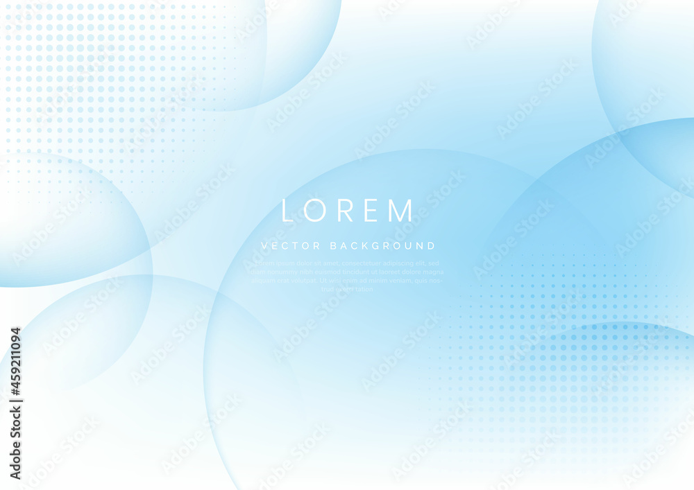Abstract white and blue circles overlapping background with halftone ...