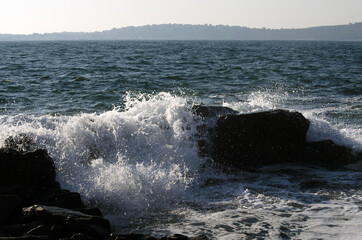 Poster - Big wave breaks on rocks of the beach