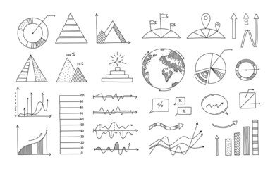 Poster - Doodle diagrams. Business presentation and statistics hand drawn infographic elements. Black and white data visualization graphs templates. Vector progress bar and block schemes set