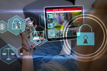 person using a laptop computer with technology cybersecurity and privacy concept. protection and saf