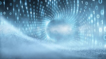 Futuristic binary data travel through the digital computer network tunnel.