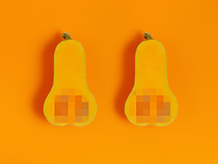 Wall Mural - Two halves of ripe gourds with pixelated censored seeds isolated on vibrant orange background. Creative censorship or vegetable food concept. Thanksgiving fall seasonal idea. Fashion minimal art.