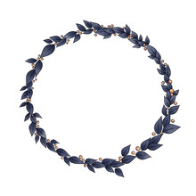 Dark Indigo Blue Leaves With Wild Berry Wreath For Decoration On Autumn Season, Thanksgiving And Christmas Holiday Festival.