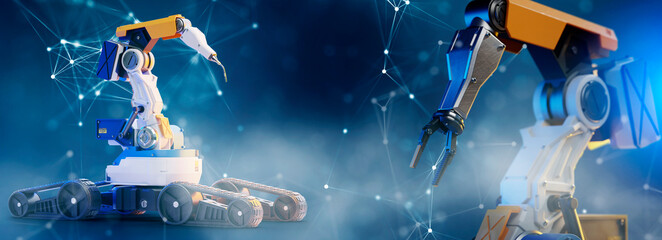 3D Robot arm working automated in factory, industry 5.0 artificial intelligence computer aided manufacturing process control with computer digital technology modern futuristic background