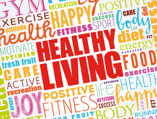 Wall Mural - Healthy Living word cloud collage, health concept background