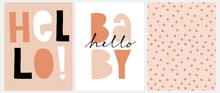 Cute Nursery Vector Art With Handwritten Hello And Hello Baby  Ideal For Card, Wall Art, Poster, Baby Shower Decoration. Funny Abstract Seamless Pattern With Irregular Dots On A Blush Pink Background.