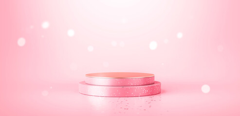 Leinwandbilder - Pink product stage podium background and beauty bokeh light pedestal platform template mockup design or luxury pastel display on empty abstract cosmetic scene stand showcase backdrop. 3D rendering.