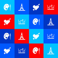 Wall Mural - Set Paint brush with palette, Eiffel tower, Amour heart and arrow and French cafe icon. Vector