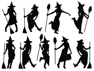 Black vector silhouettes of Halloween witches in long skirt and hat with broomstick. Collection of beautiful young witches icons for Halloween design.