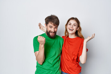 a young couple communication fun together friendship light background