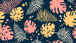 © Iryna - Seamless tropical pattern with colorful palm and monstera leaves