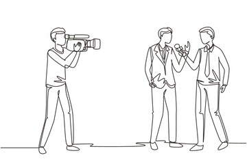 Wall Mural - Single one line drawing journalists take interview. TV host or reporter and cameraman questioning man. Broadcasting reportage with cameraman. Continuous line draw design graphic vector illustration