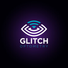 Glitch Optometry Logo, Vector Abstract Outline Eye With Wifi Symbol