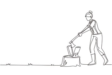 Wall Mural - Single one line drawing woodwoman or lumberwoman in checkered shirt, sling pants chopping wood with ax on tree stump. Woman with ax in her hands cuts tree. Continuous line draw design graphic vector