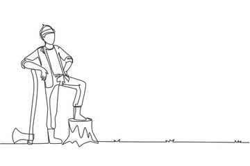 Wall Mural - Single continuous line drawing smiling lumberjack wearing workwear and beanie hat, standing with axe and posing with one foot on a tree stump. Dynamic one line draw graphic design vector illustration