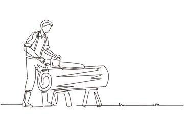 Poster - Continuous one line drawing sawmill concept. Professional lumberjack cutting tree by chainsaw for further transportation, processing. Global deforestation. Single line draw design vector illustration