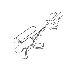 Wall Mural - Single one line drawing water gun illustration. Plastic summer toy. Toy design for children. Gun with water splash. Flat isolated on white background. Modern continuous line draw design graphic vector