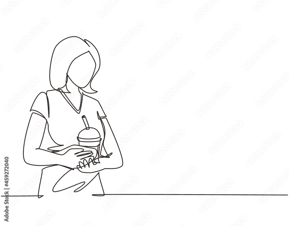 Continuous one line drawing young happy woman is drinking a plastic cup ...