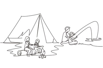 Canvas Print - Single one line drawing happy family camping. Mother roasting fish with daughter. Father catching fish with son. Summer camper travel vacation concept. Continuous line draw design vector illustration