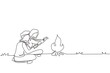 Single continuous line drawing romantic couple camping around campfire tents. Man woman warm their hands near bonfire sitting on ground. Nature trip. One line draw graphic design vector illustration