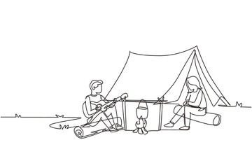 Wall Mural - Continuous one line drawing couple hikers sitting on log cooking meals in bowler boiling pot, man playing guitar at campfire near camp tent camping nature mountains. Single line draw design vector