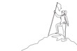 © Simple Line - Single one line drawing woman climber standing on top of mountain with flag. Young smiling mountaineer climbing on rock. Adventure tourism trip. Continuous line draw design graphic vector illustration