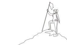 Single One Line Drawing Woman Climber Standing On Top Of Mountain With Flag. Young Smiling Mountaineer Climbing On Rock. Adventure Tourism Trip. Continuous Line Draw Design Graphic Vector Illustration