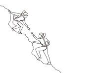 Single One Line Drawing Two Woman Help Each Other To Climb Up The Mountain. Help Hand, Hope And Support. Business, Success, Leadership, Achievement And Goal Concept. Continuous Line Draw Design Vector