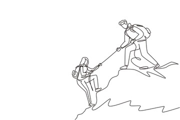 Wall Mural - Single one line drawing man woman hikers climbing up mountain and one of them helping to each other with rope, support in dangerous situation to climb. Continuous line draw design vector illustration