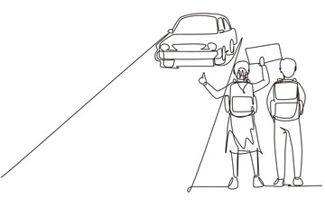 Wall Mural - Continuous one line drawing happy couple of tourists with backpacks and camping stuff hitchhiking on road and thumbing car. Hiking and adventure concept. Single line draw design vector illustration