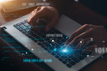 AI and IoT concepts of business, businessman working on a laptop computer for artificial intelligence polygon brain with icons of smart city Internet of Things, AI concept and IoT business.
