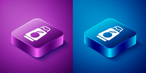 Poster - Isometric Bottle of shampoo icon isolated on blue and purple background. Square button. Vector