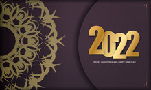 2022 Happy New Year Burgundy Color Flyer With Vintage Gold Ornament