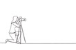 Single continuous line drawing professional photographer woman kneeling for taking pictures with digital camera and tripod. Digital photography hobby for girl. One line draw design vector illustration