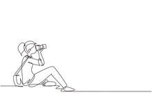 Single One Line Drawing Woman Photographer Of Paparazzi Taking Photo With Modern Digital Camera With Angles. Journalist Or Reporter Making Pictures. Continuous Line Draw Design Vector Illustration