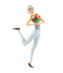 3d happy senior woman holding flower bouquet