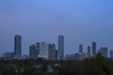 Fototapeta Miasto - Urban skyscrapers under the rosy sky at nightfall;