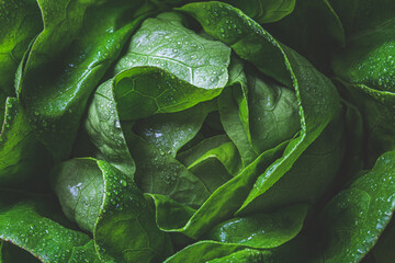 Wall Mural - Head of fresh lettuce, close-up, top view. Healthy lifestyle concept.