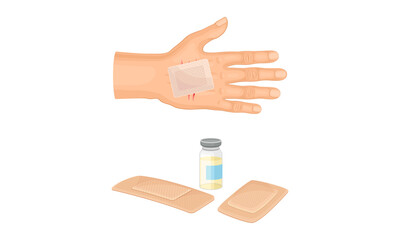 first aid for wound. medical patch plastered on palm vector illustration