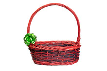 Red Basket With Green Ribbon On White Background