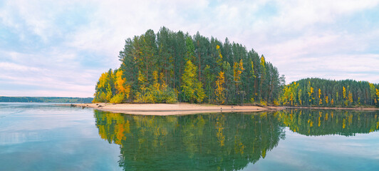 Wall Mural - panoramic view of the bright colorful trees along the bank of the kama river russia perm krai. autum