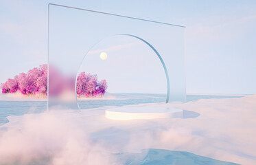 Fototapete - Abstract winter Christmas landscape scene background with product stand. 3d rendering.