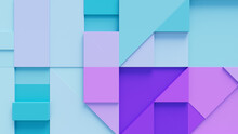 3D Blocks Of Different Shapes And Sizes Interlock To Create A Wall. Purple And Turquoise Tech Background .